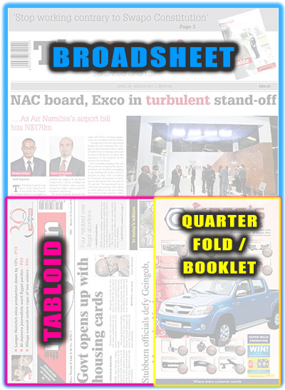 Broadsheet, tabloid and quarter fold formats shown side by side